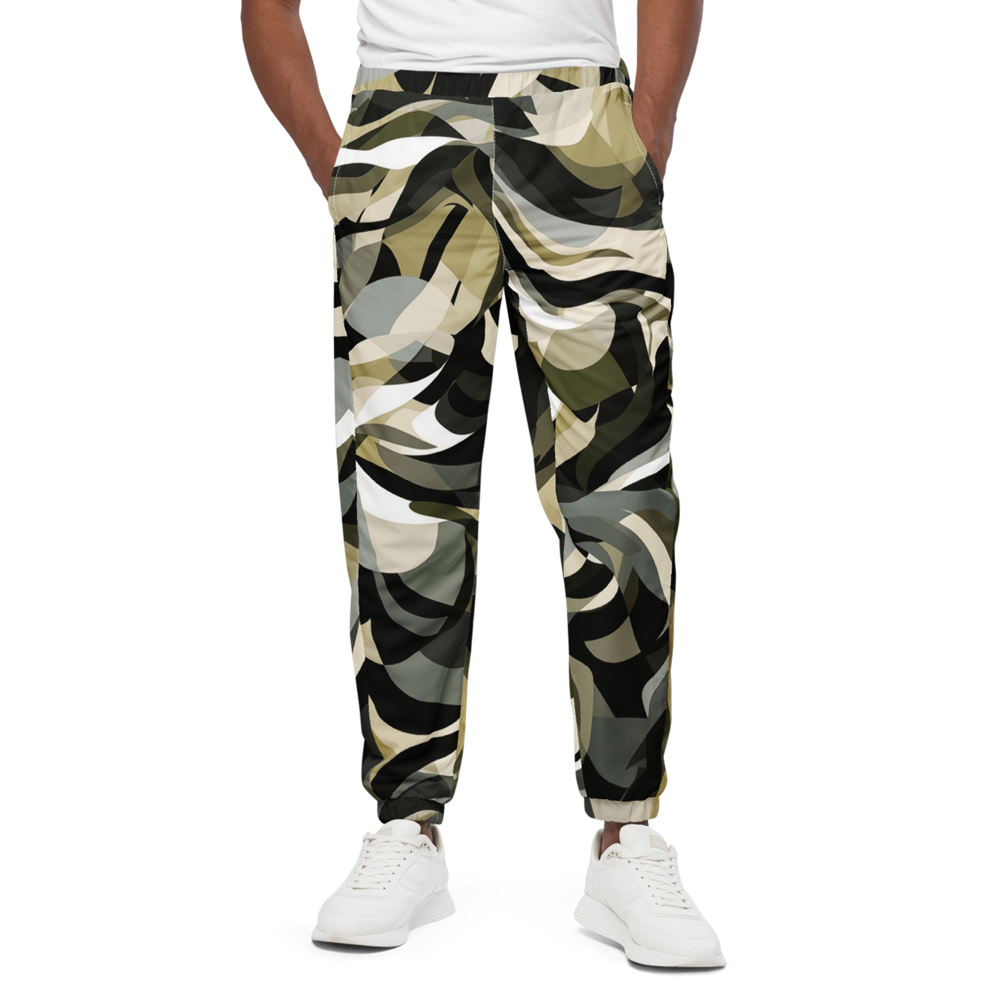 Close-up of LZ Pants showcasing elastic ankle cuffs with white shoes.