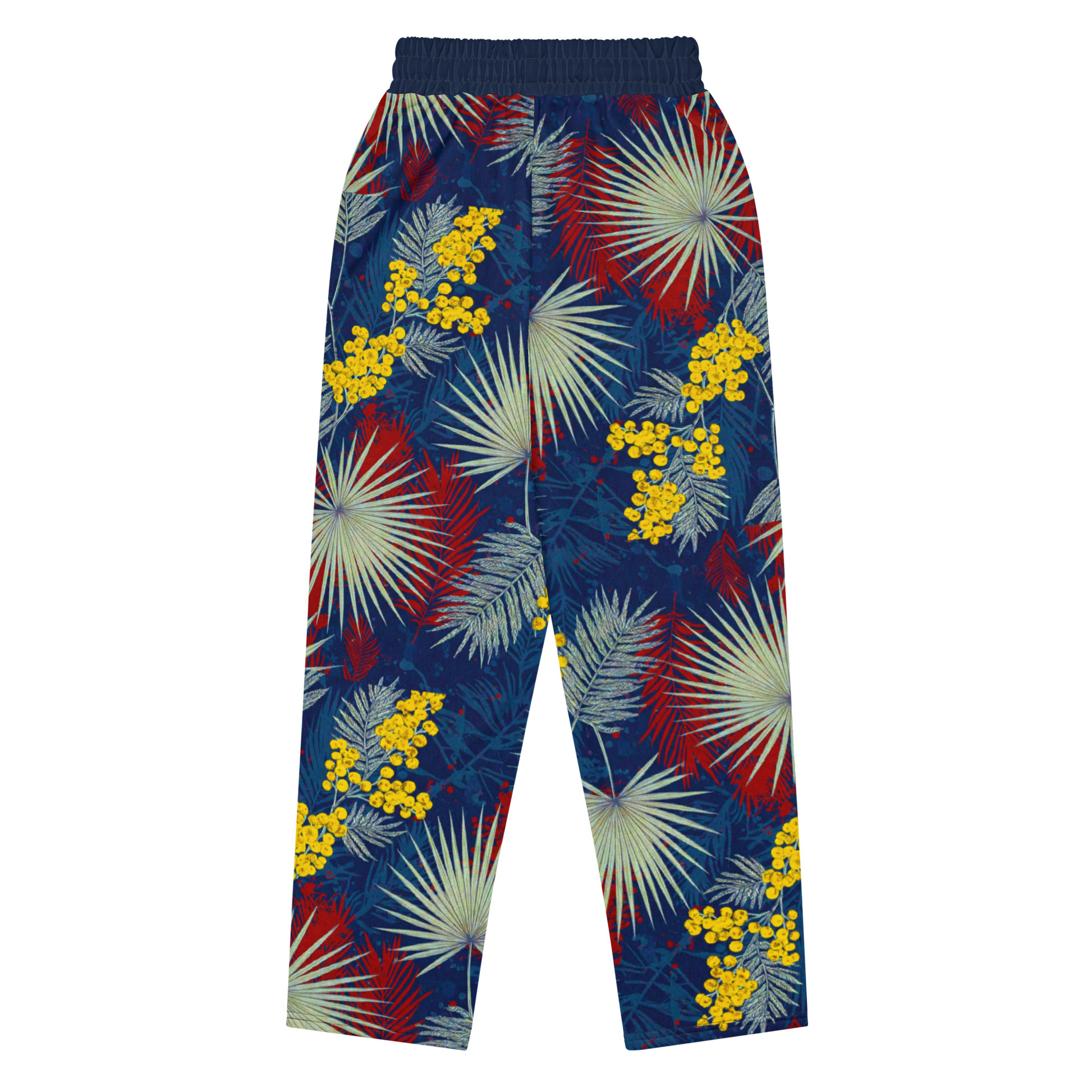 Mimosa Bloom Joggers with floral pattern, wide-leg fit, deep pockets.