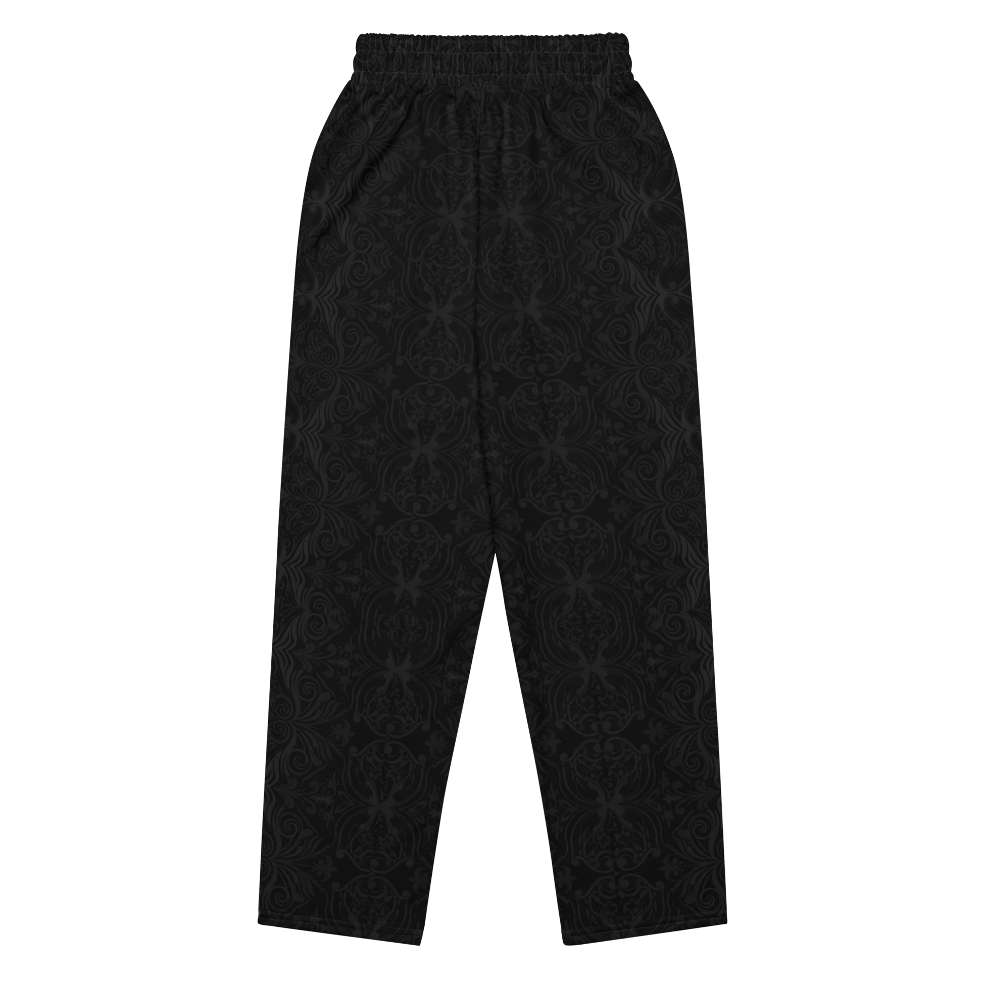 Ink Ivy Wide black floral wide-leg joggers with side pockets and drawstring.