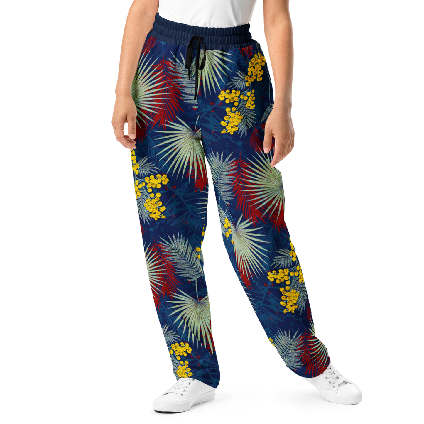 Close-up of Mimosa Bloom Joggers' fabric, highlighting wide-leg cut and pocket detail.