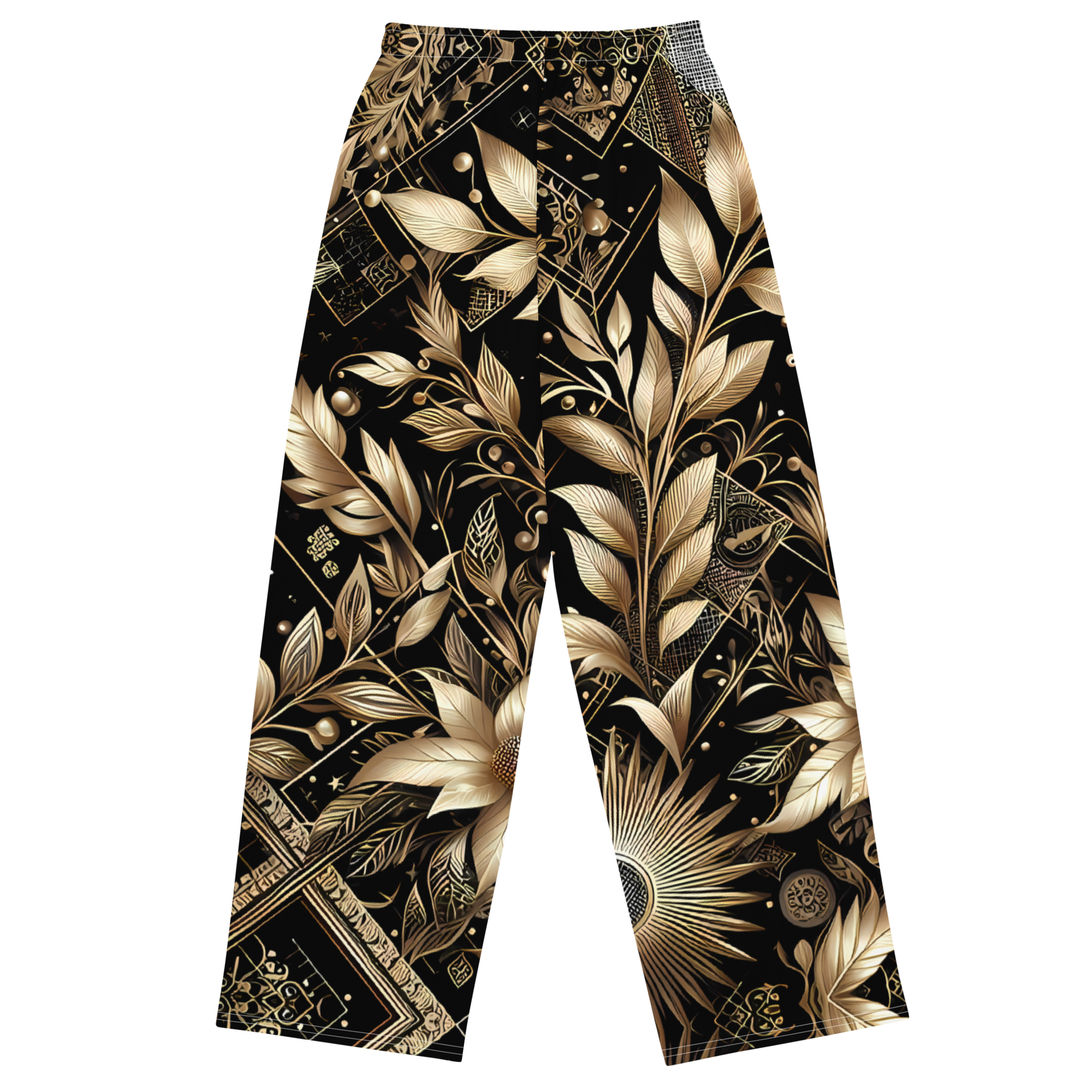 Leafgold Wide-Legs: close-up of gold leaf patterned wide-leg pants.