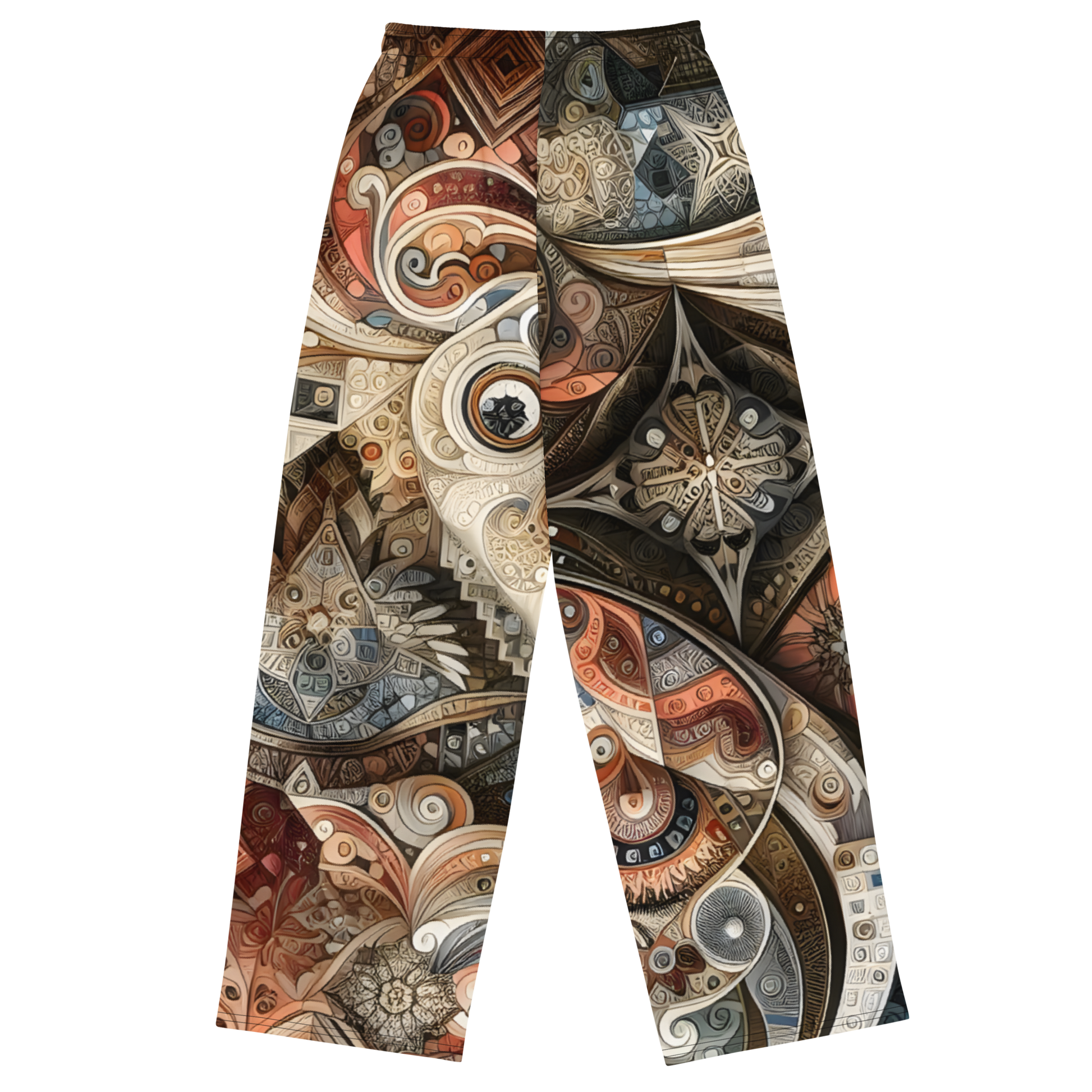 Gear of Mystery Wide-Legs with artistic pattern, elastic waistband, and pockets.