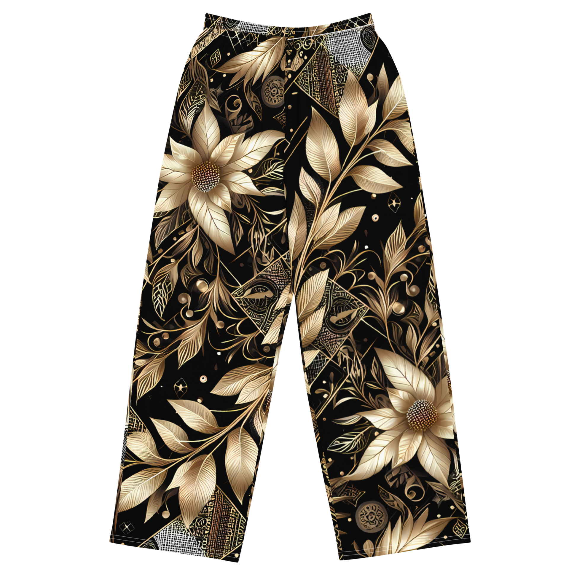 Leafgold Wide-Legs: Stylish wide-leg pants with adjustable waist and side pockets.