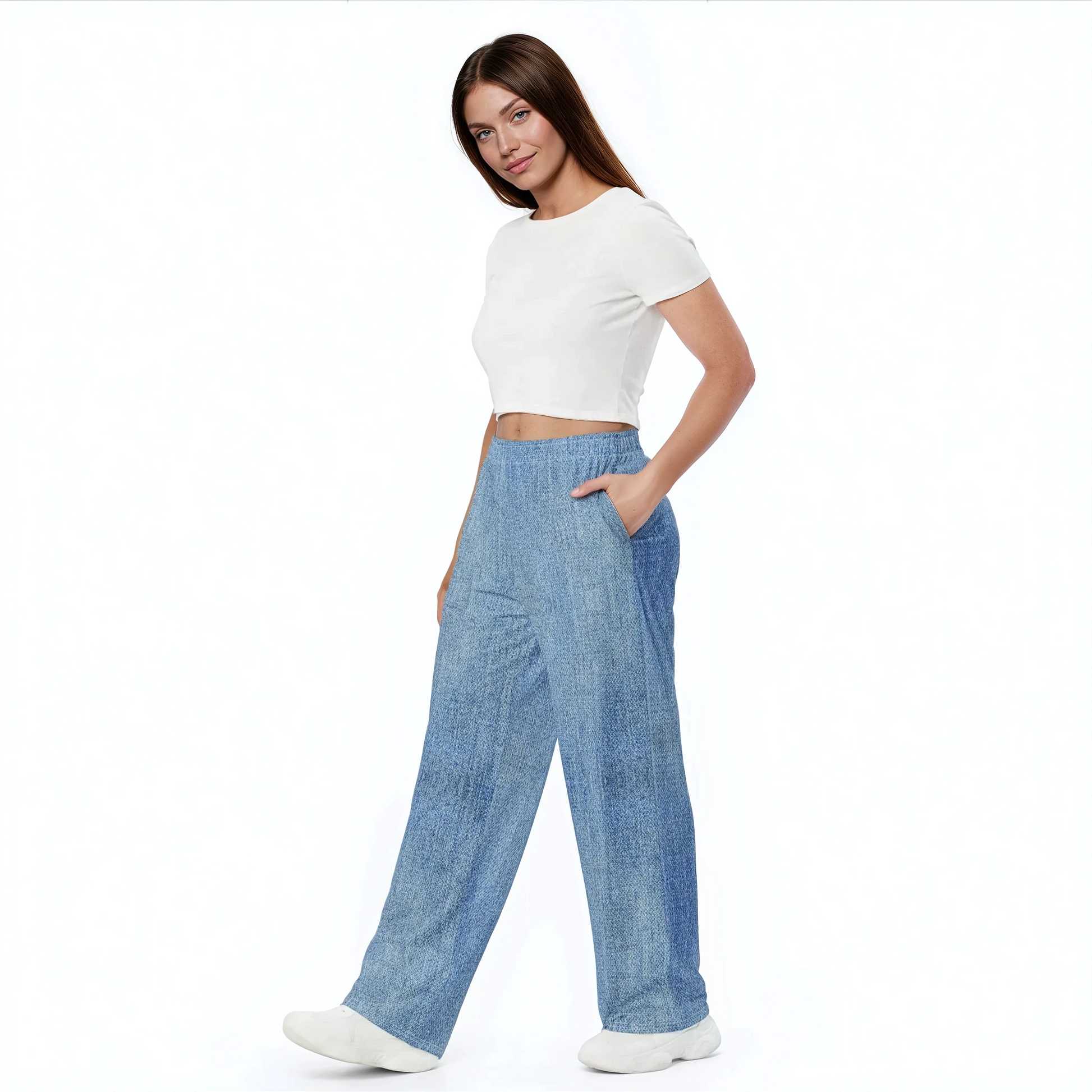 True Ease Wide-Leg Pants: woman in white shirt, blue wide-leg pants.