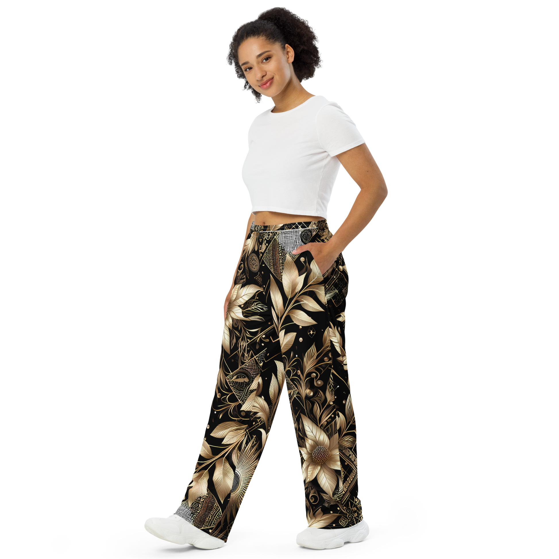 Leafgold Wide-Legs showcased by standing woman in white shirt.