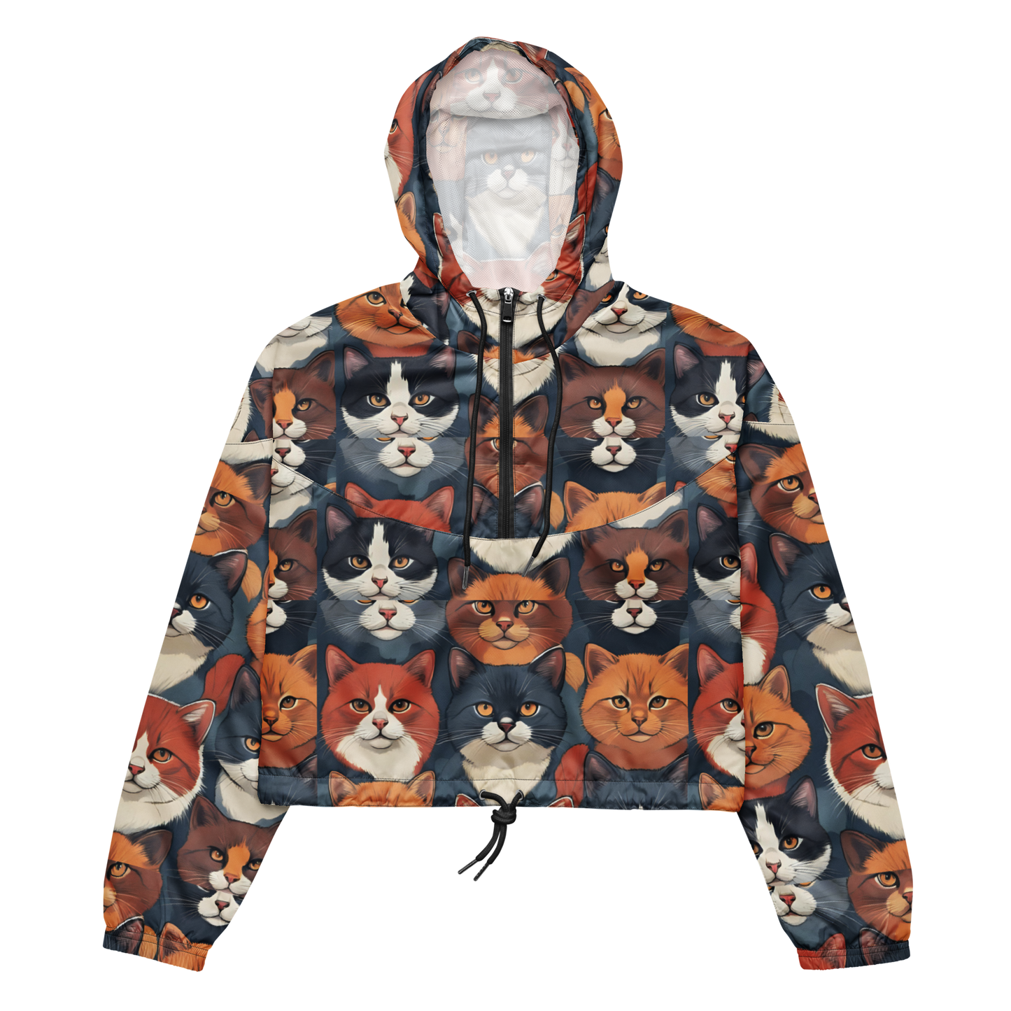 Paw Crop Windbreaker featuring cat faces, hood, and adjustable drawcords.
