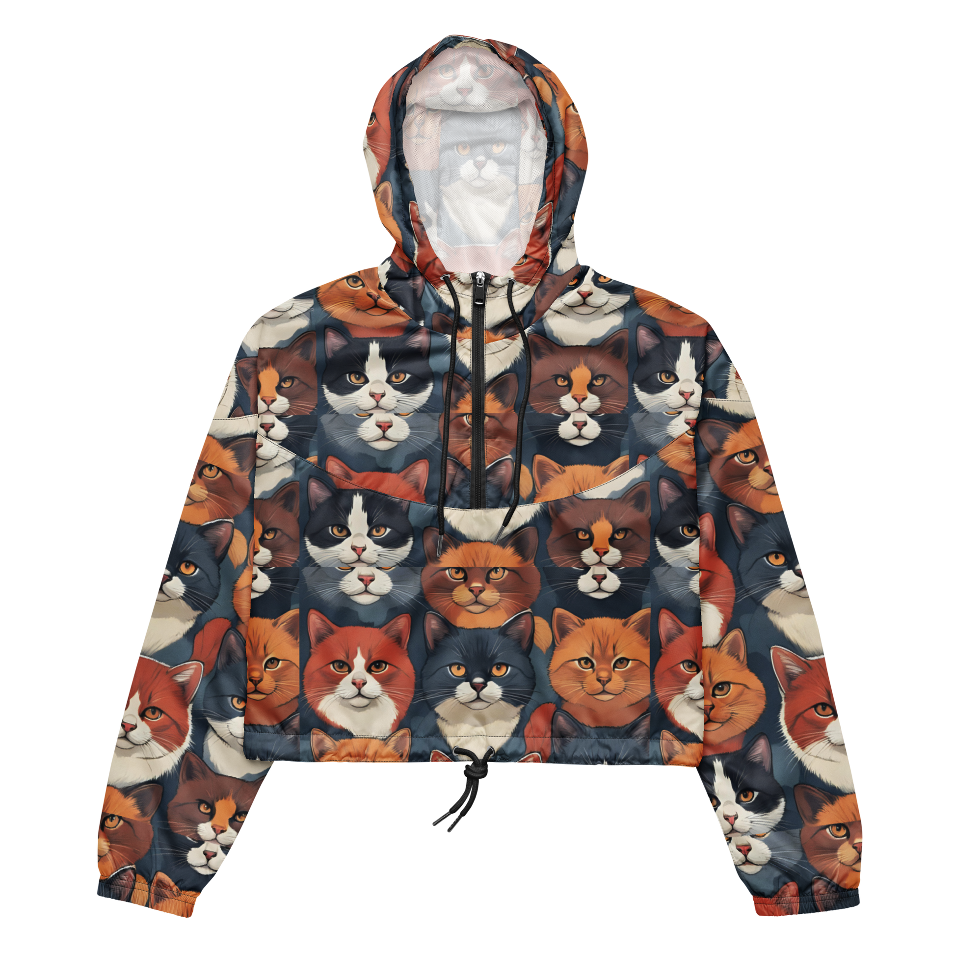 Paw Crop Windbreaker featuring cat faces, hood, and adjustable drawcords.