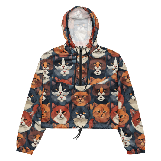 Paw Crop Windbreaker featuring cat faces, hood, and adjustable drawcords.