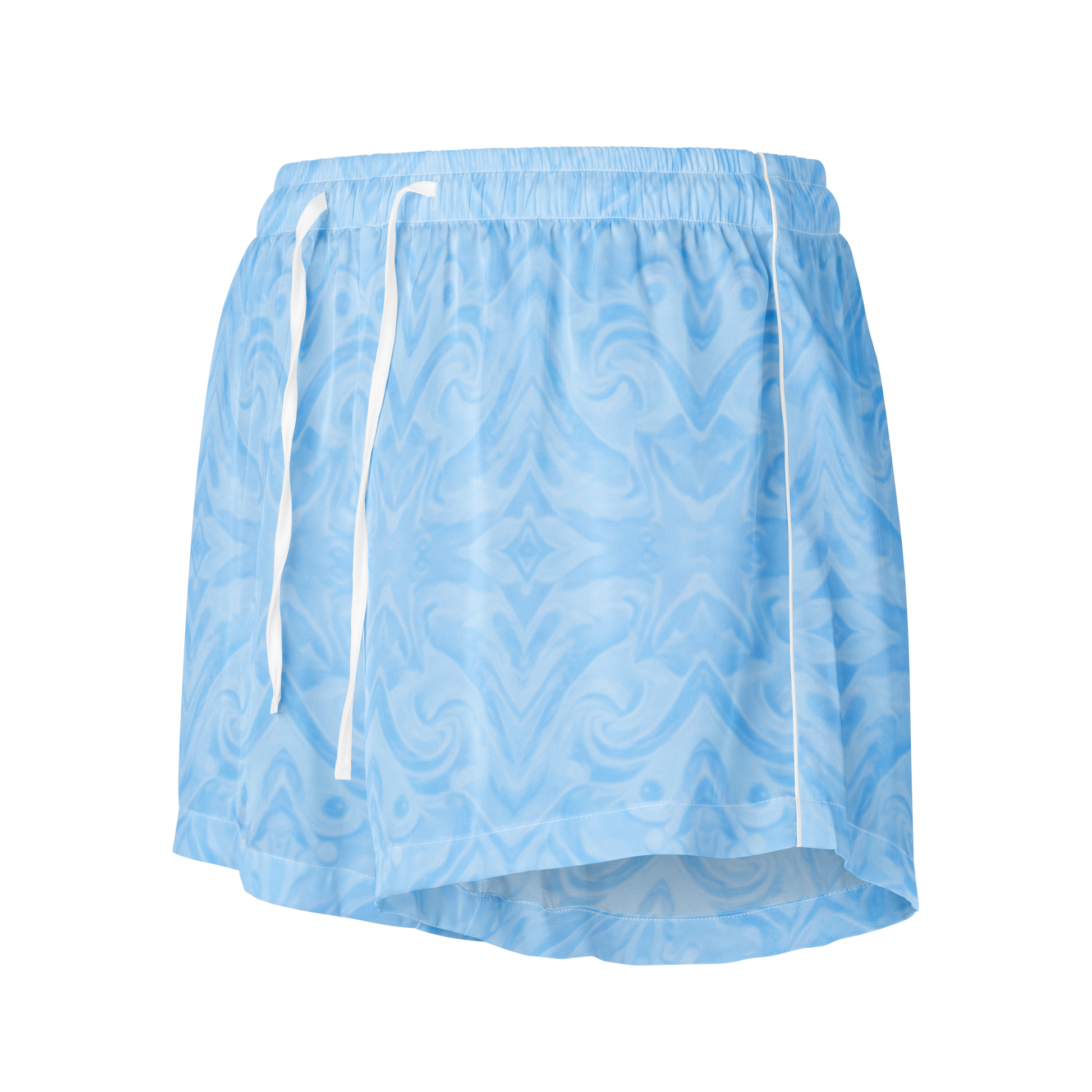 Soft Lounge Pajama Shorts, featuring a blue and white pattern with elegant piping.