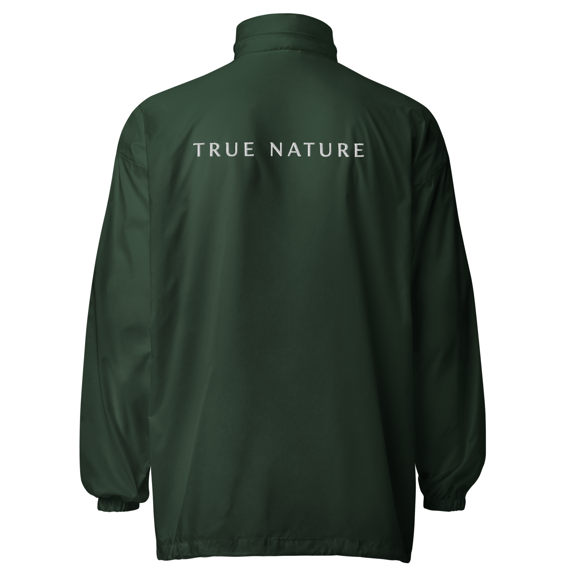 Back of True Nature Windbreaker showcasing white text and zipper detail.
