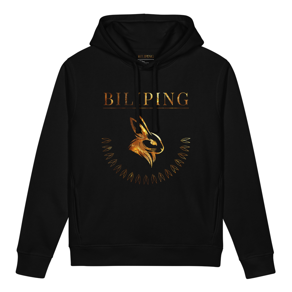 Black hoodie with gold rabbit outline and curved arc detail, Biliping Embrace Hoodie Arc Noir