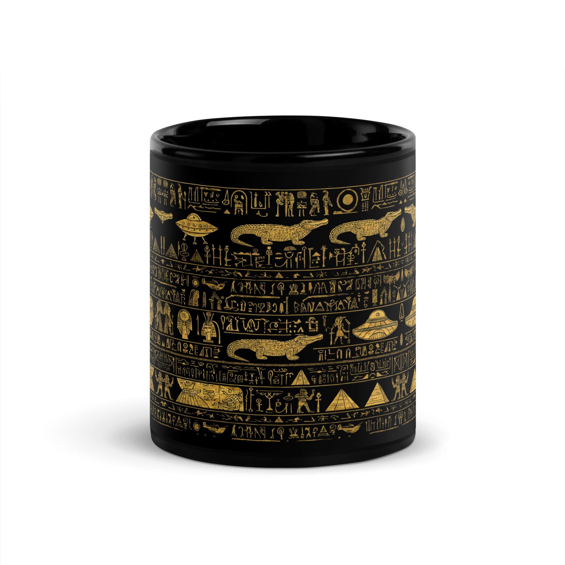Mug of Conspiracy with Egyptian symbols, glossy ceramic, elegant design.