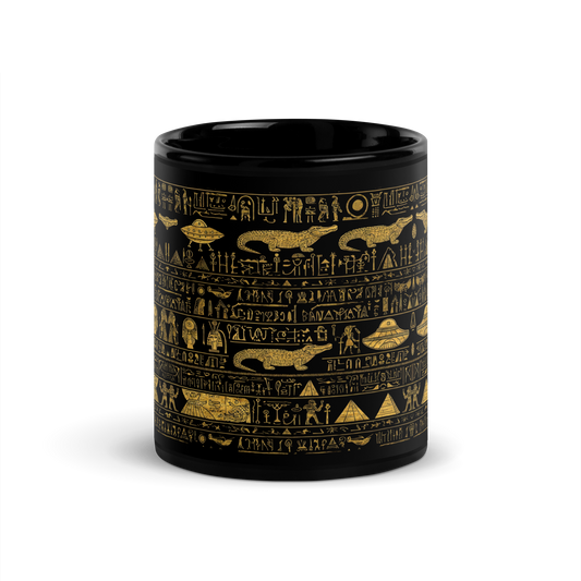 Mug of Conspiracy with Egyptian symbols, glossy ceramic, elegant design.