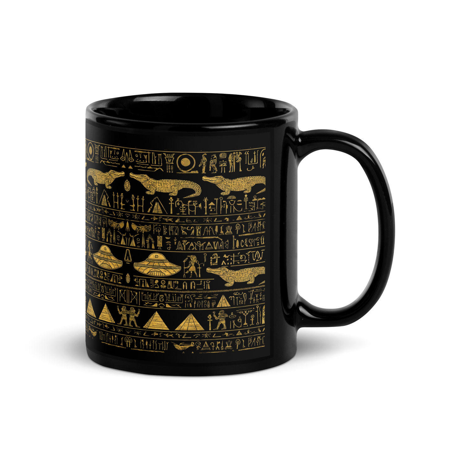 Mug of Conspiracy in glossy black ceramic with gold text.