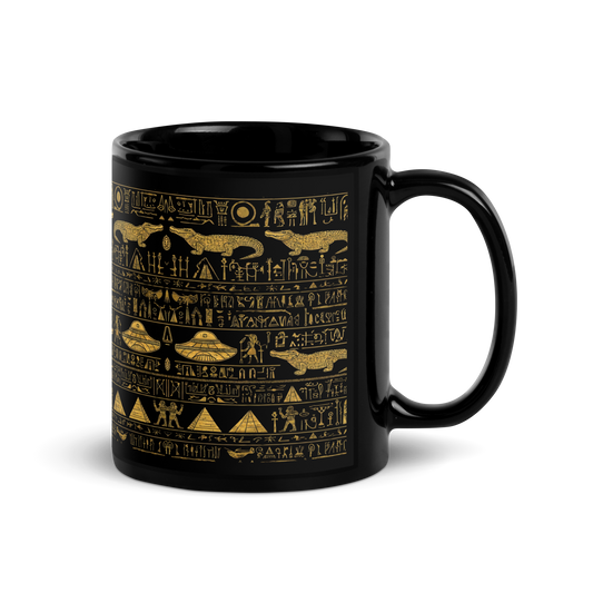 Mug of Conspiracy in glossy black ceramic with gold text.