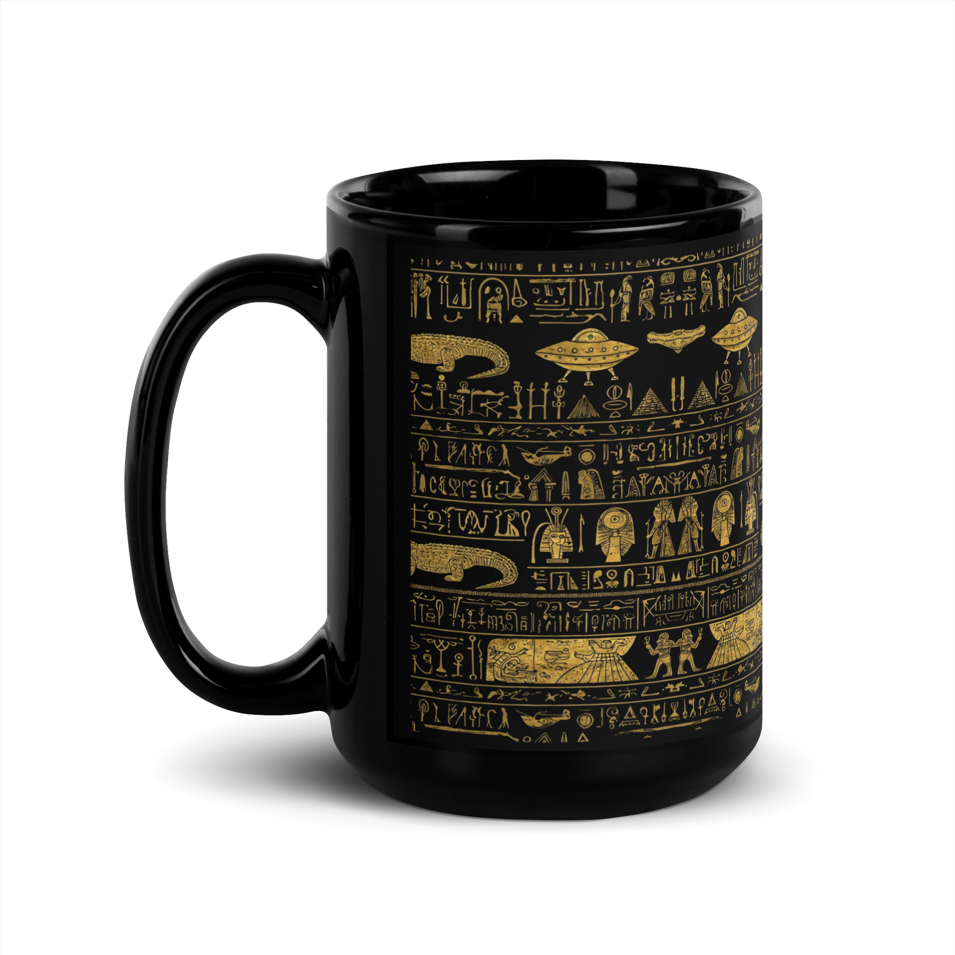 Mug of Conspiracy: black mug with gold writing, elegant design.