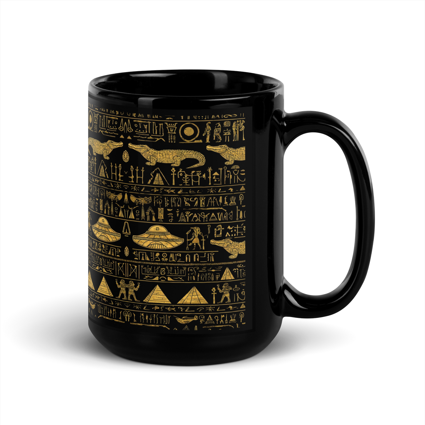 Mug of Conspiracy: sleek black mug with gold text.