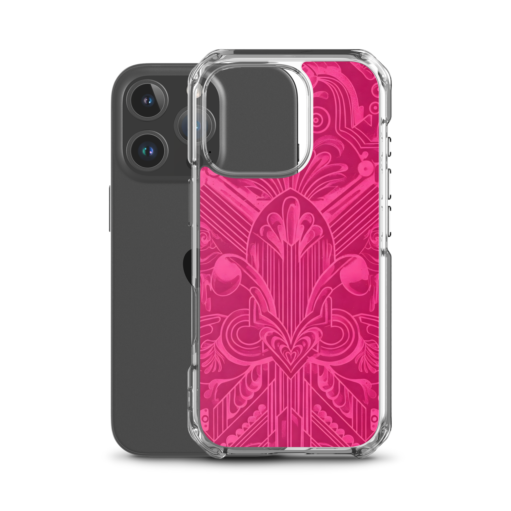 Pink Art Deco Case for iPhone® featuring a flexible, transparent design.