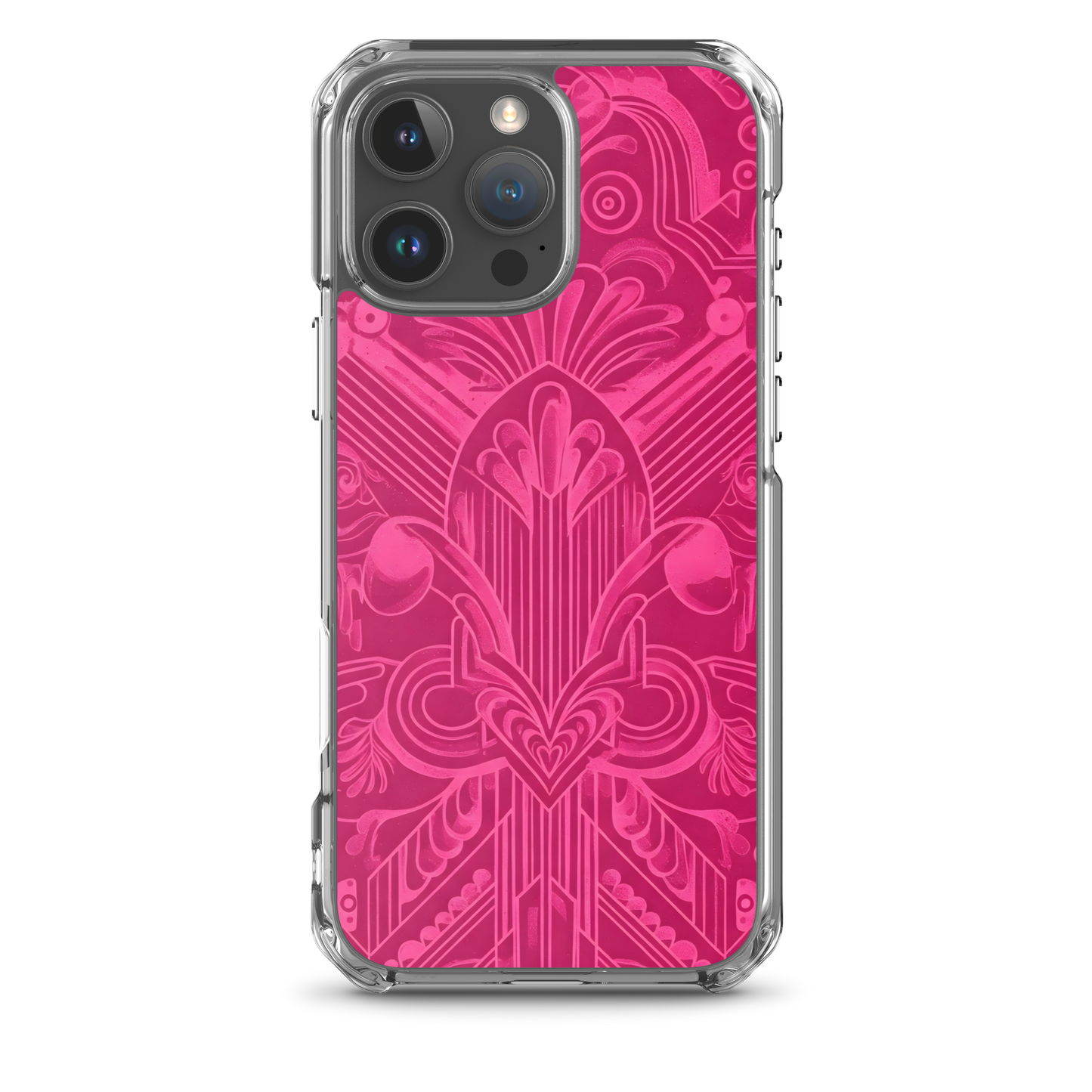 Pink Art Deco Case for iPhone® with transparent sides and precise port openings.