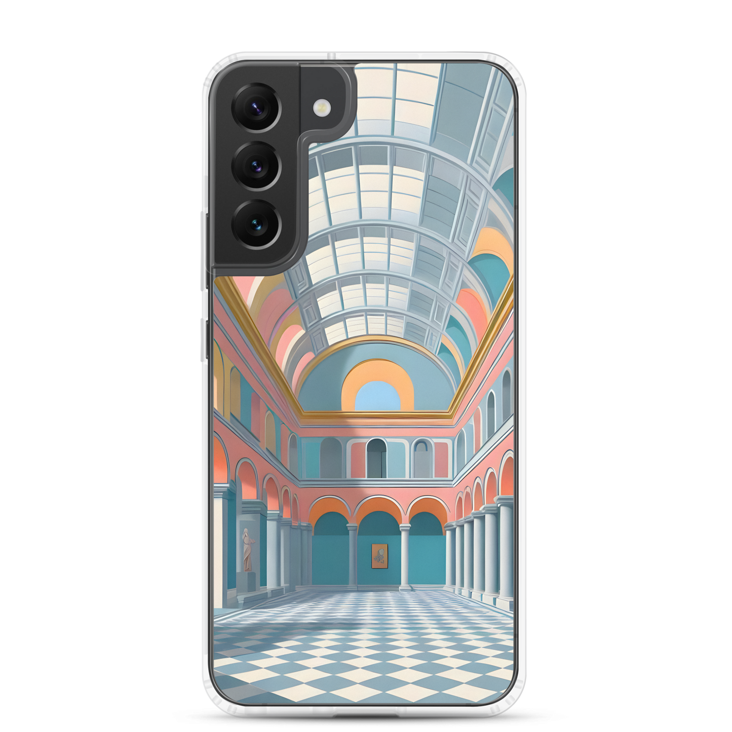 Blue Hall - Case for Samsung®, checkered floor design, lens close-up.