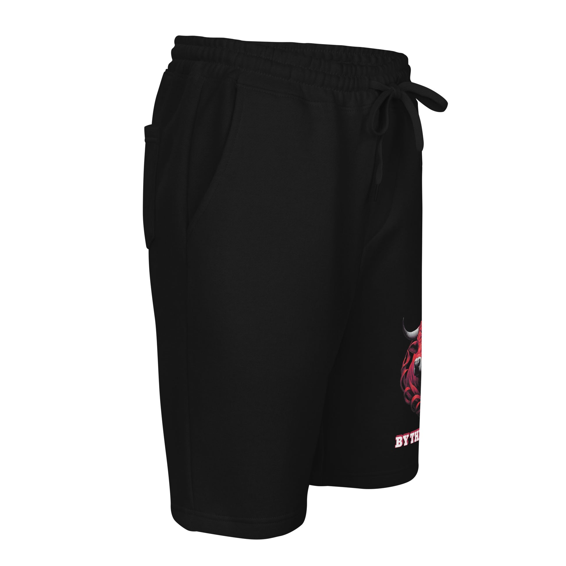 Men's Fleece Shorts featuring a red bull design on black fabric.