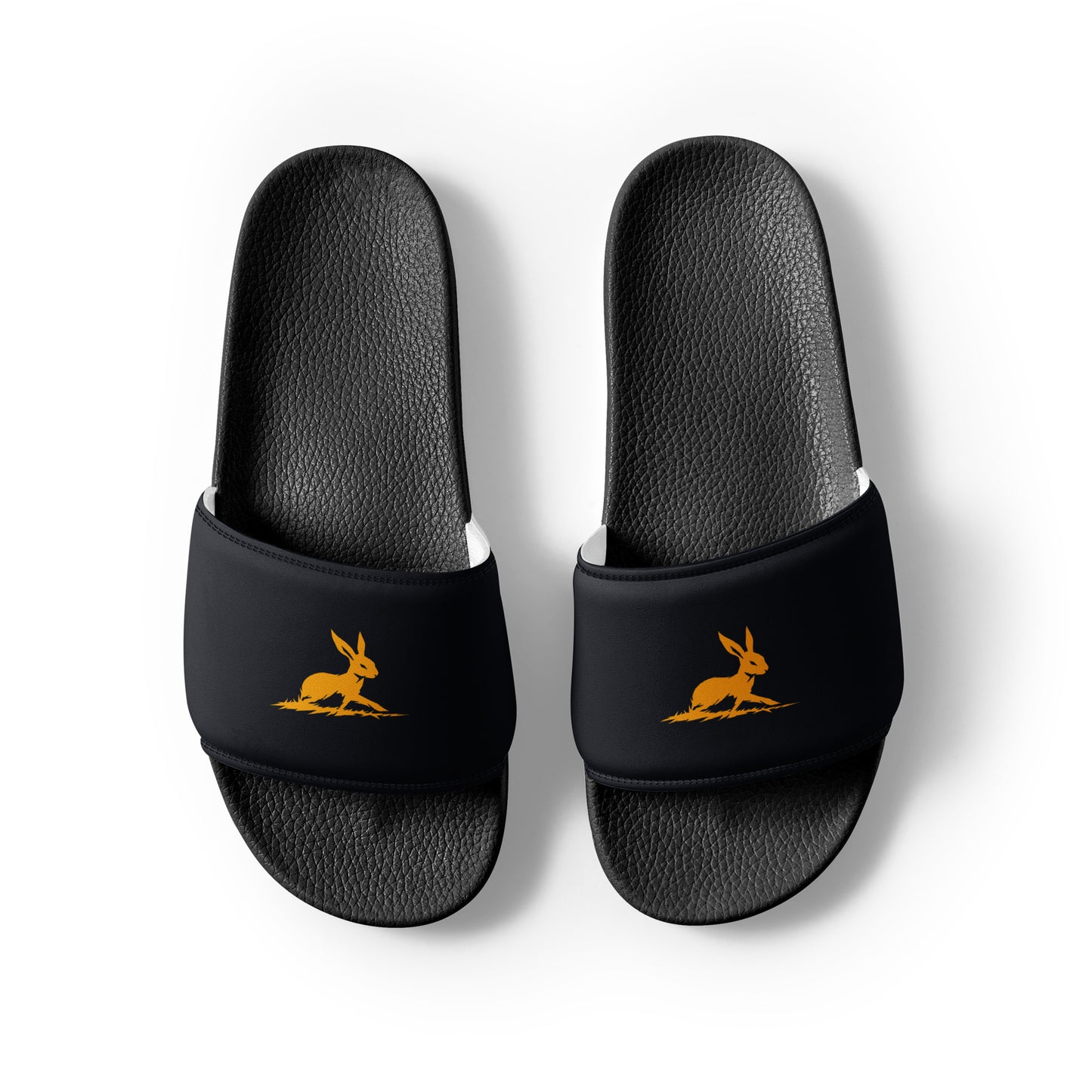Biliping Slides: Black slippers with rabbit design, cushioned faux leather strap.