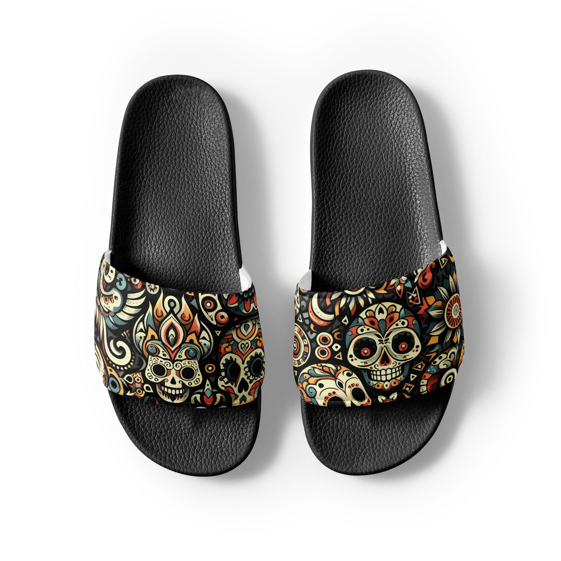 Grimz Slides with colorful skull design, cushioned faux leather strap.