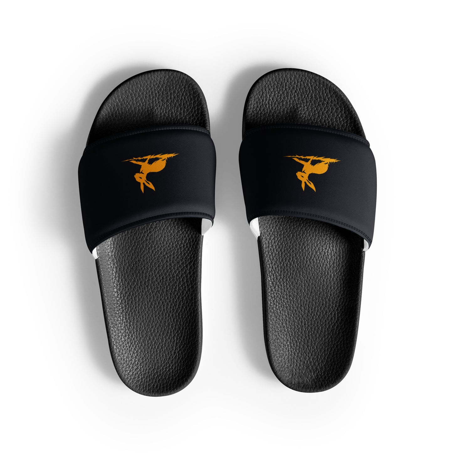 Biliping Slides: black slippers with yellow design, cushioned faux leather strap.