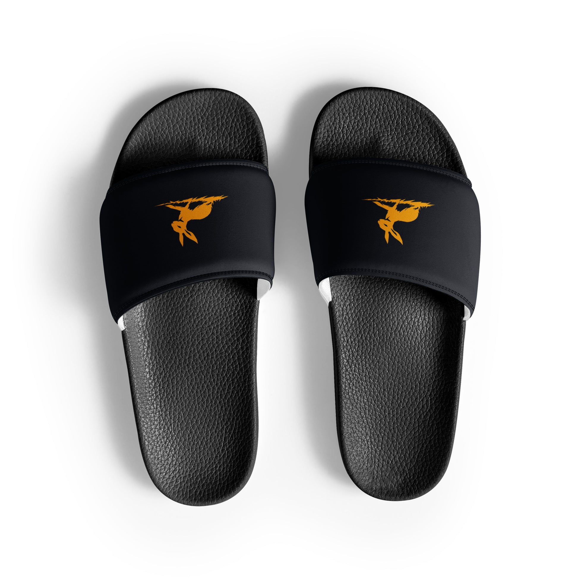 Biliping Slides: black slippers with yellow design, cushioned faux leather strap.