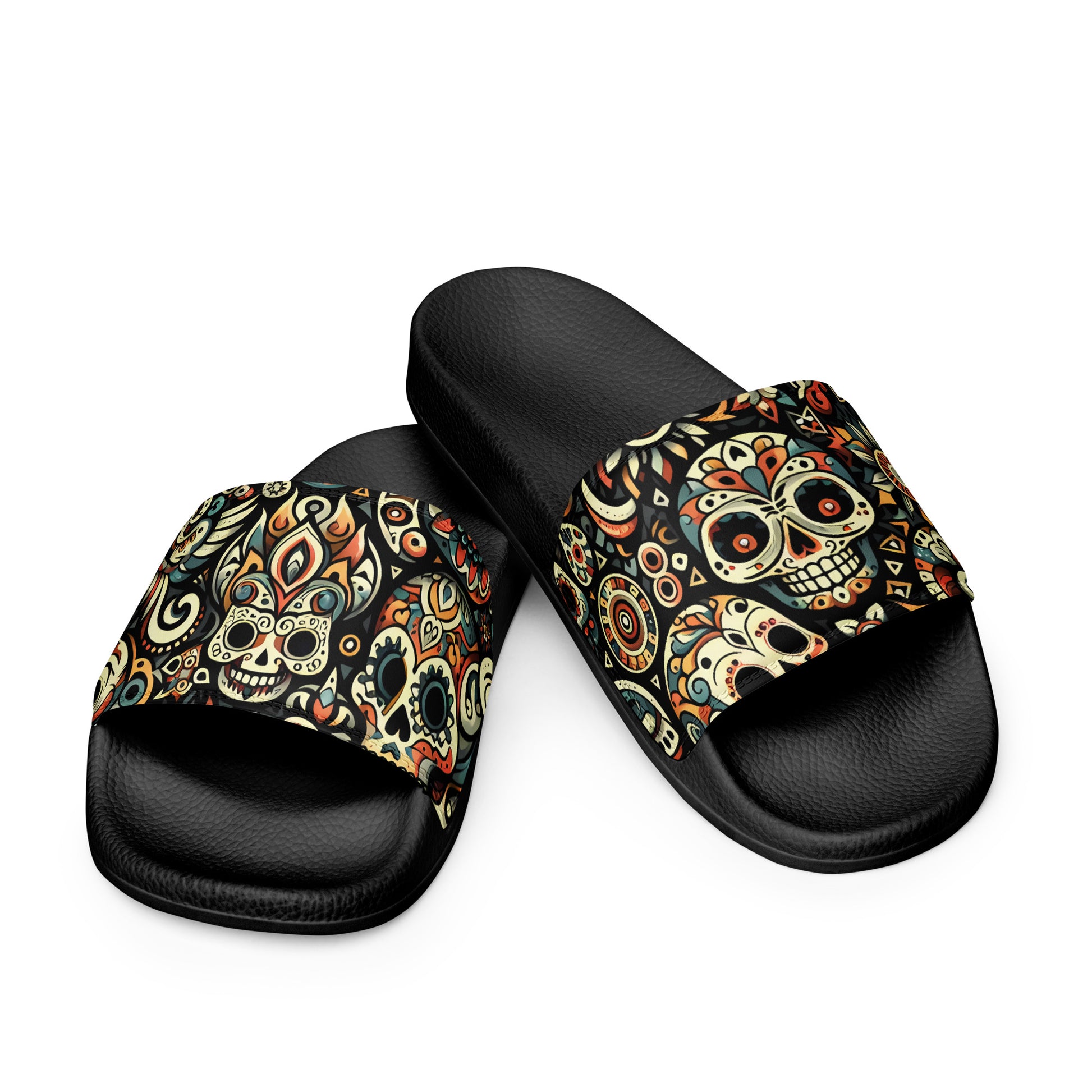 Grimz Slides: black slippers with colorful skull design, open-toed.