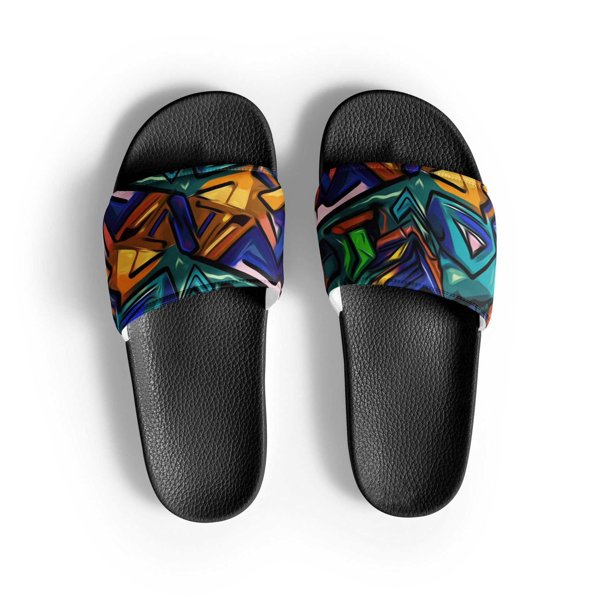 Grafiti Slides: Lightweight, open-toed slippers with cushioned faux leather strap.