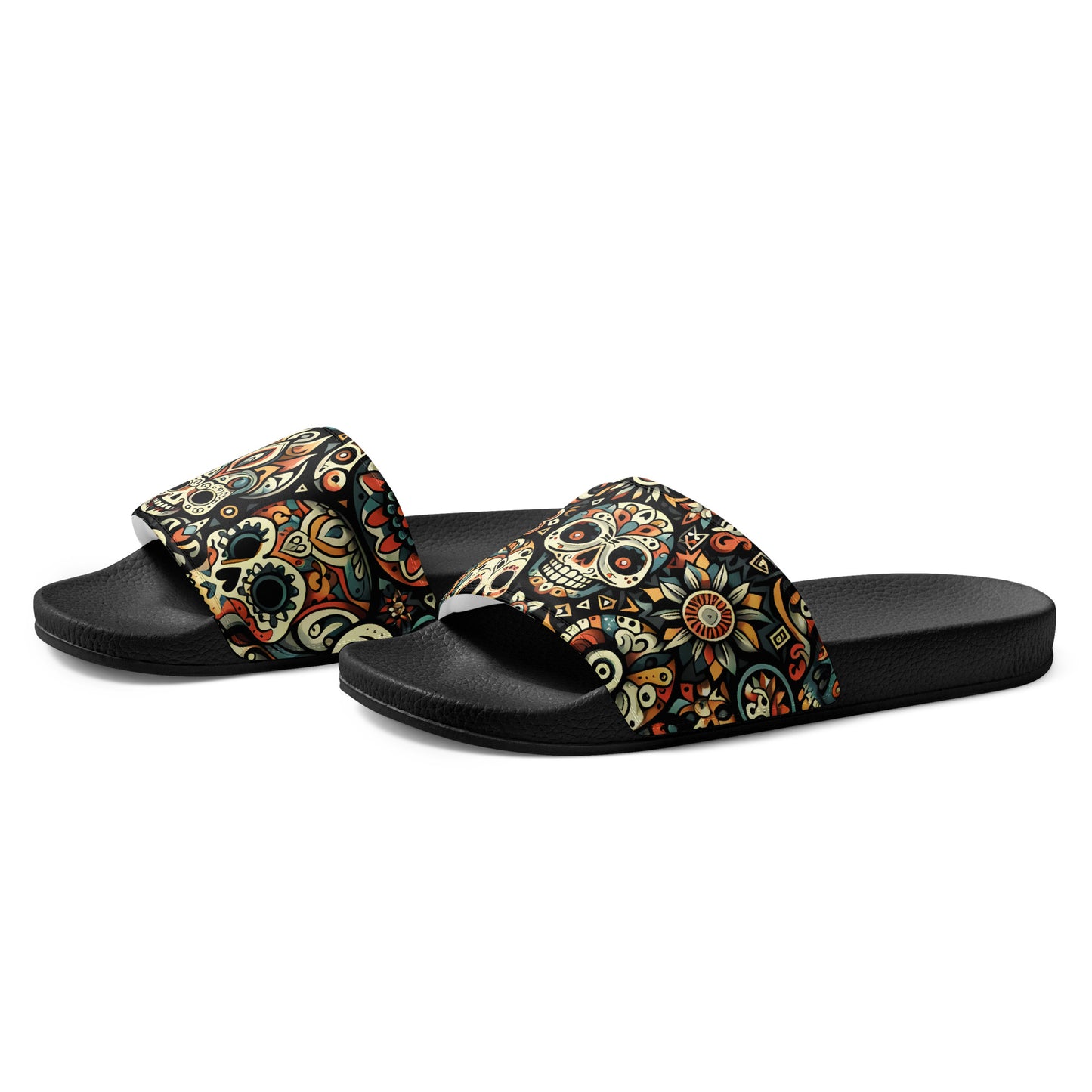 Grimz Slides: Cushioned faux leather strap, contoured footbed sandals.