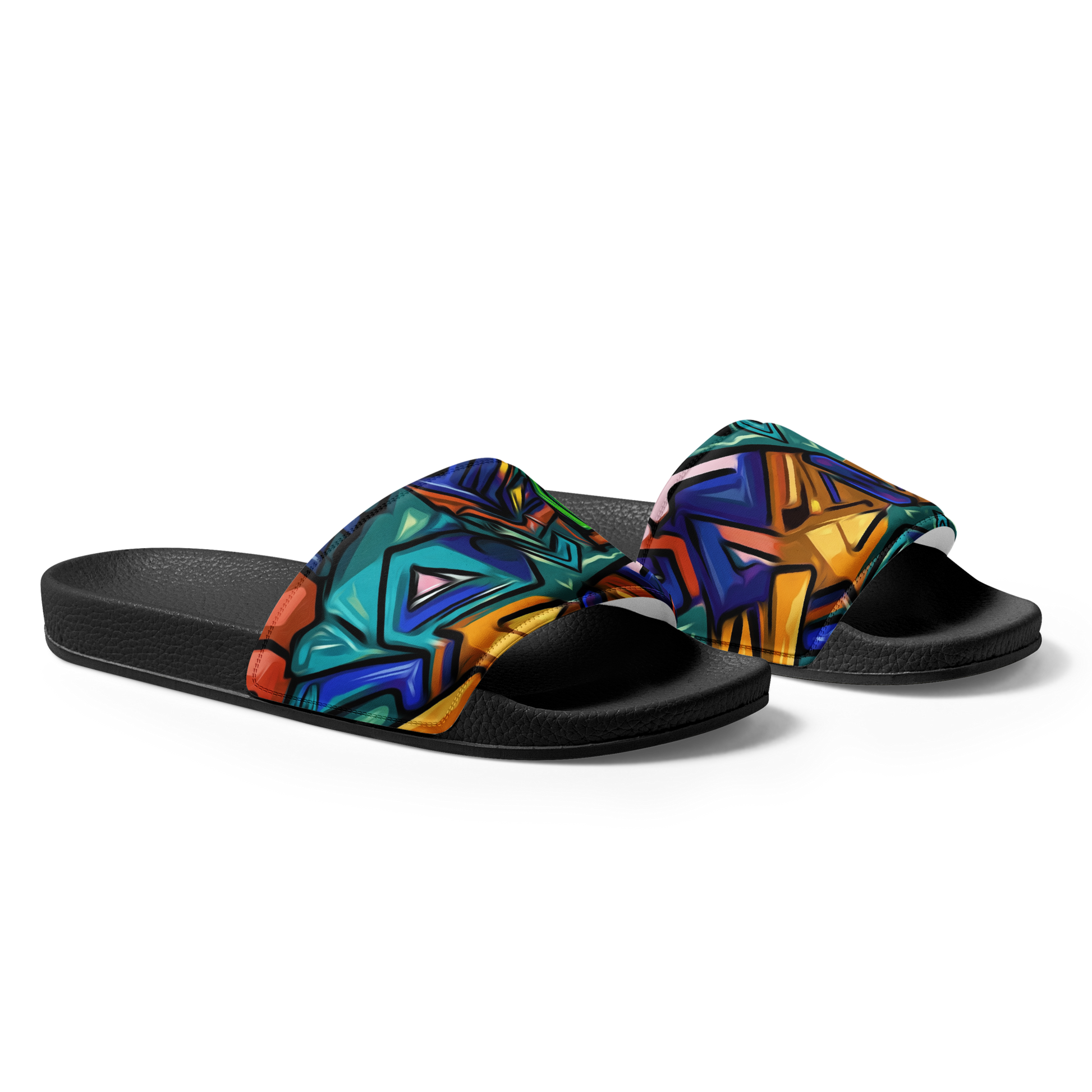 Grafiti Slides with cushioned faux leather strap and contoured footbed.