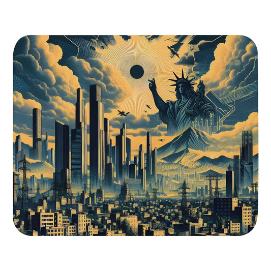Urban Vista - Mouse pad featuring a Statue of Liberty cityscape painting.