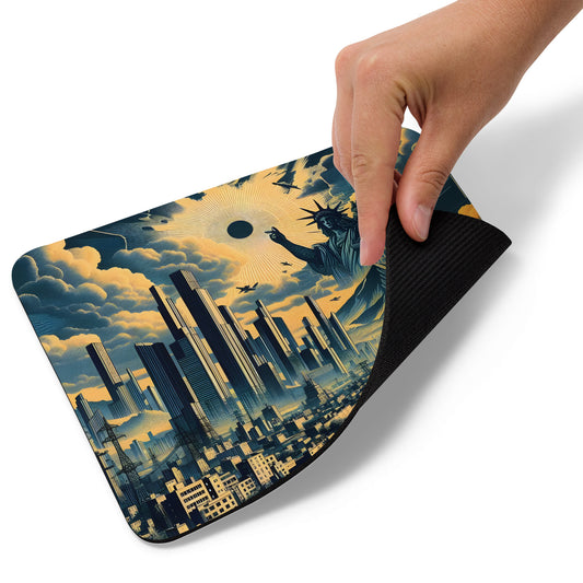 Urban Vista - Mouse pad held in hand, showcasing non-slip rubber base.