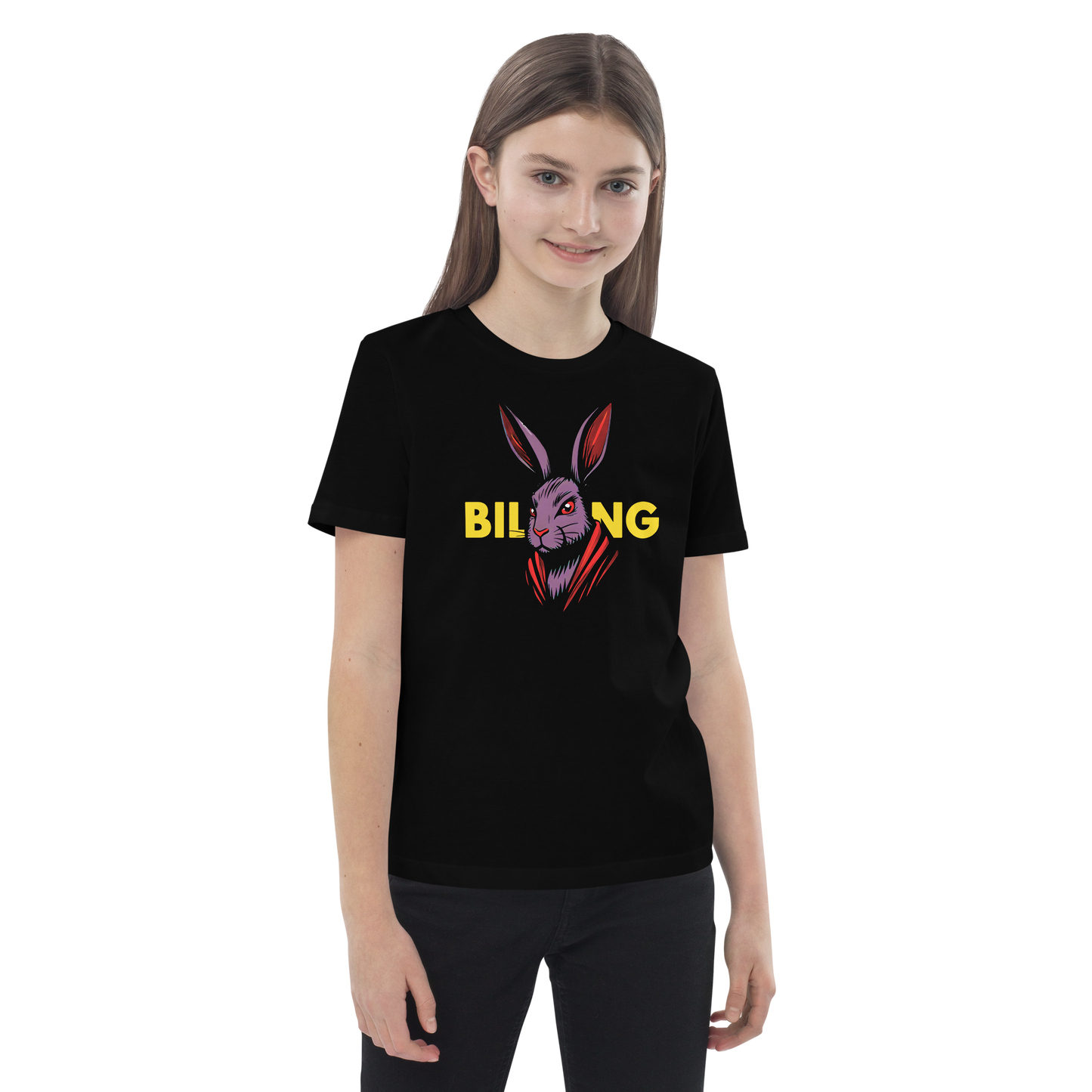 Girl wearing HopCode: Blackout T-shirt with a rabbit head design.