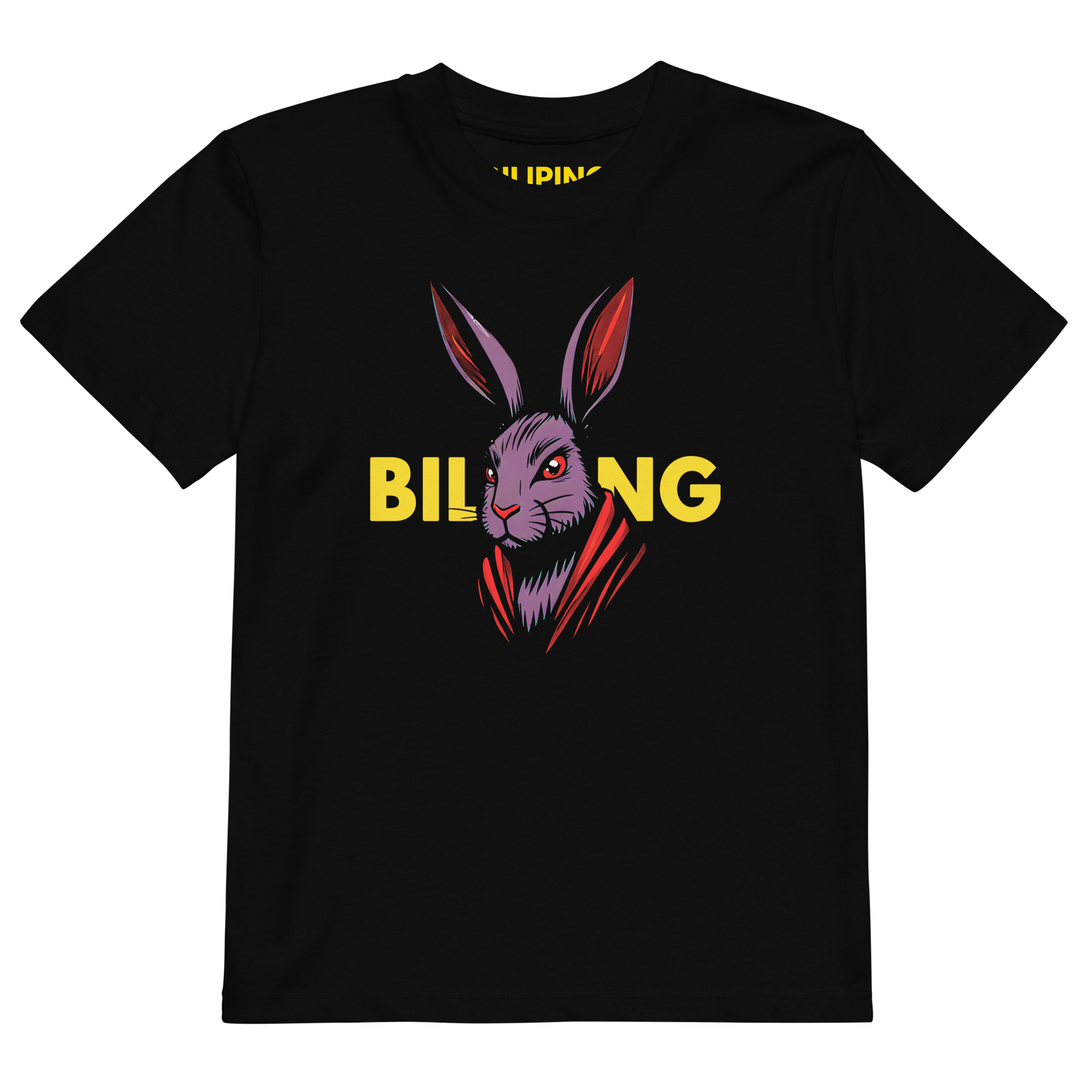 HopCode: Blackout T-shirt featuring a vivid rabbit illustration with BILING. text.