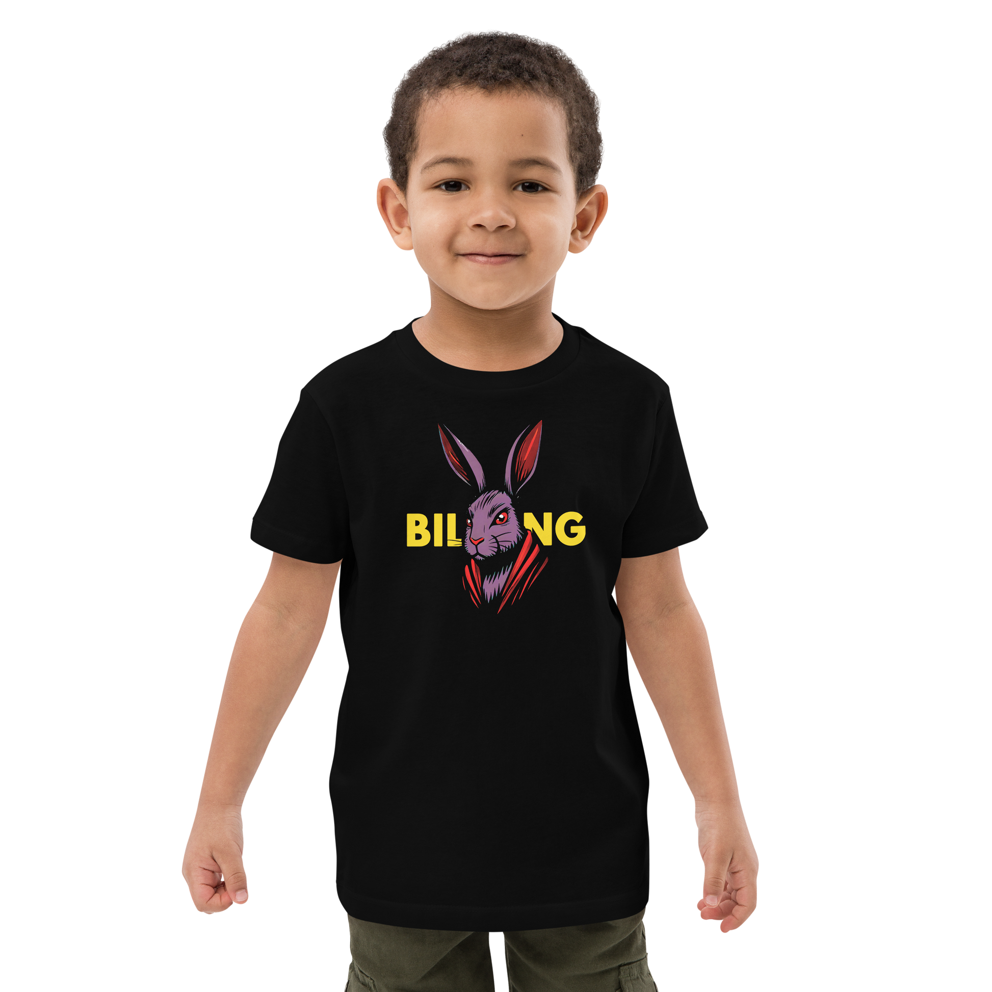 Young boy wearing HopCode: Blackout T-shirt with purple rabbit design.