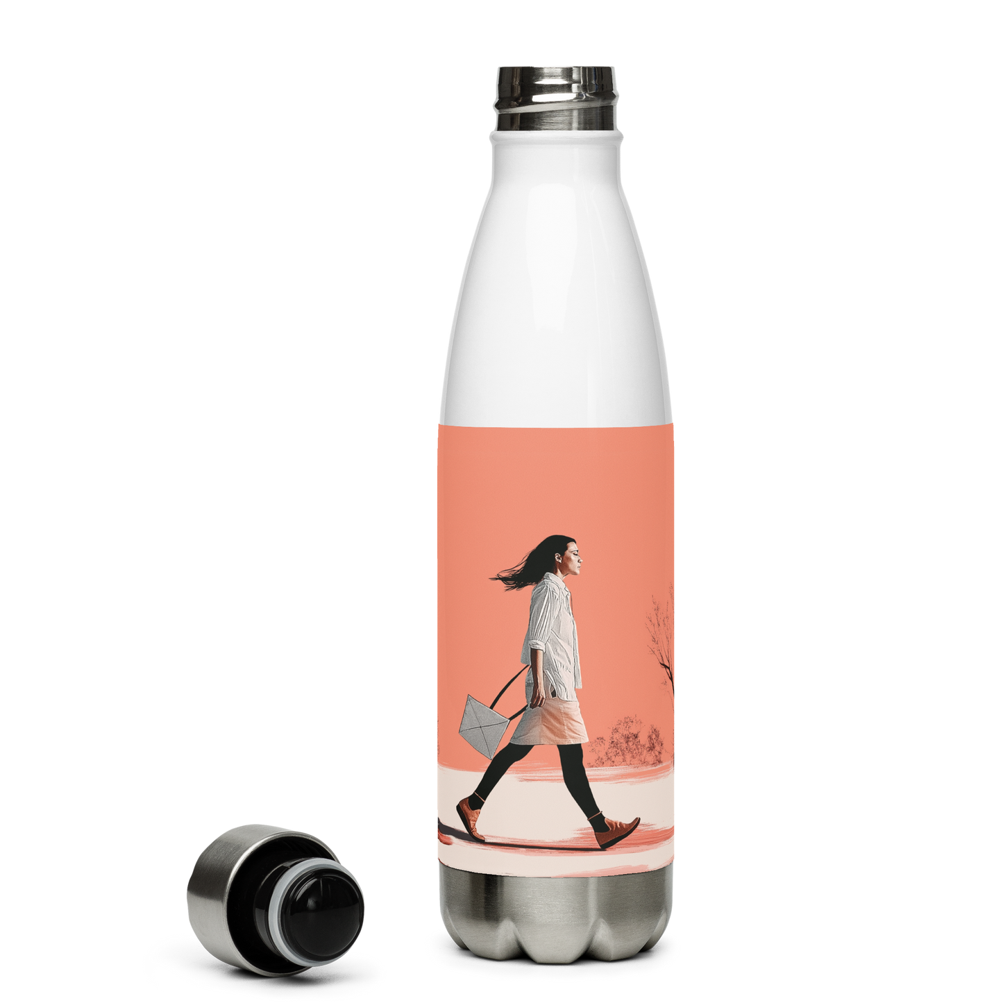 Wanderlight Sip water bottle held by a woman in white dress.