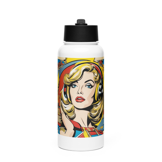 Stainless Steel Straw Bottle 1 with cartoon woman design and rotating handle.