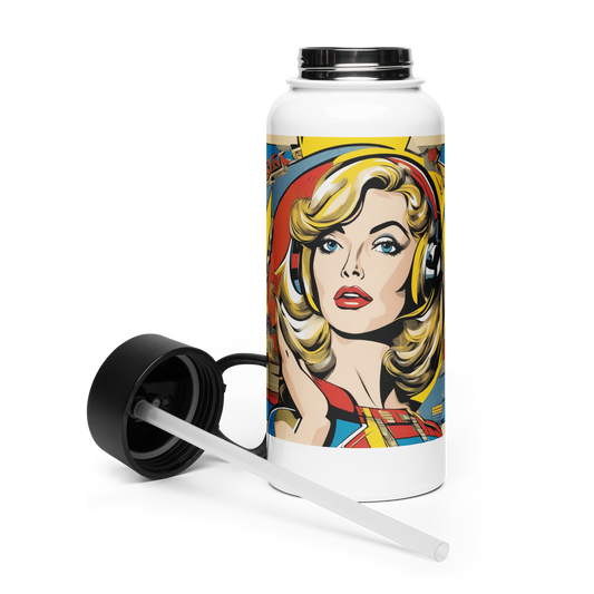 Stainless Steel Straw Bottle 1 with foldable straw and rotating handle.