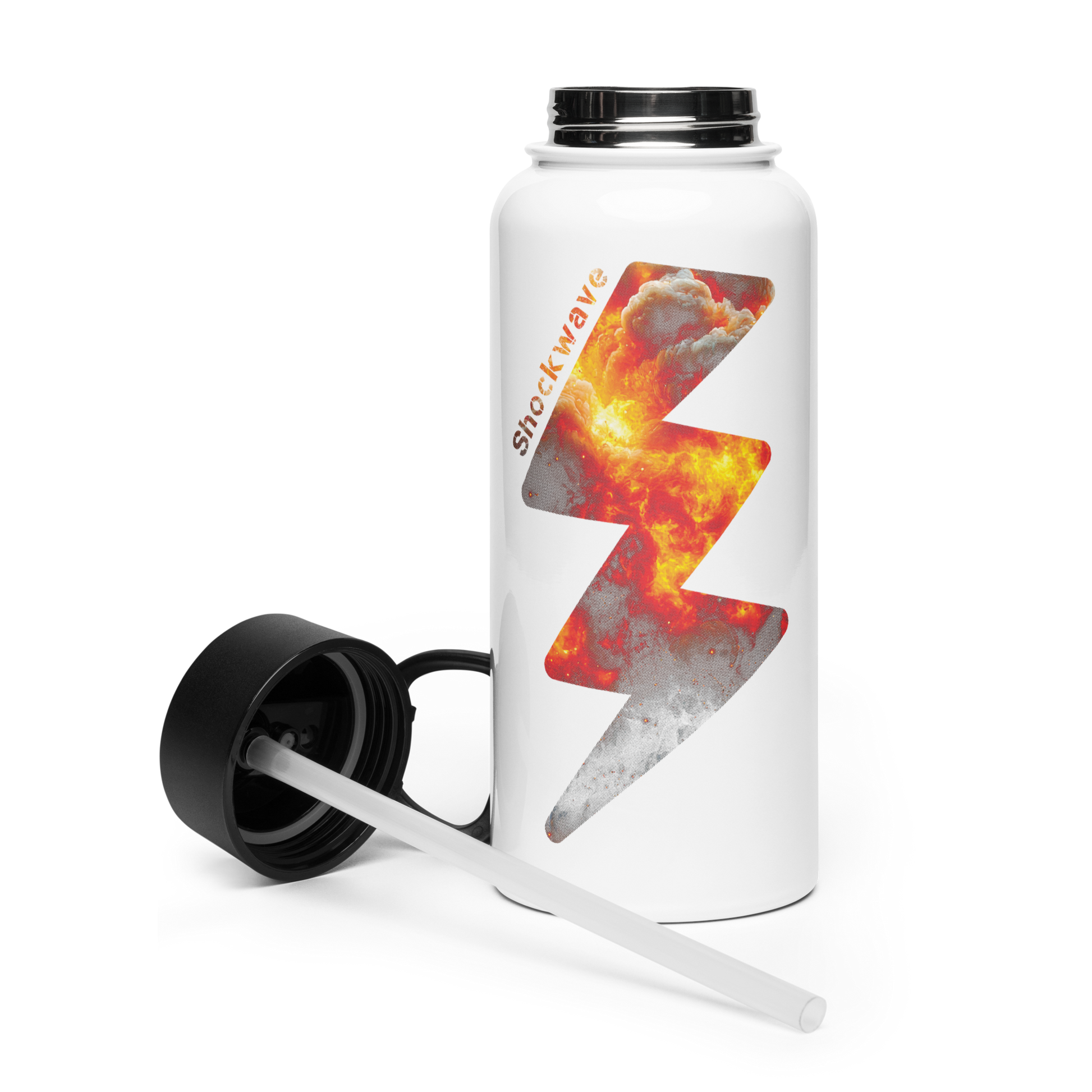 Shockwave Straw Bottle with black cap and foldable straw, 32 oz capacity.