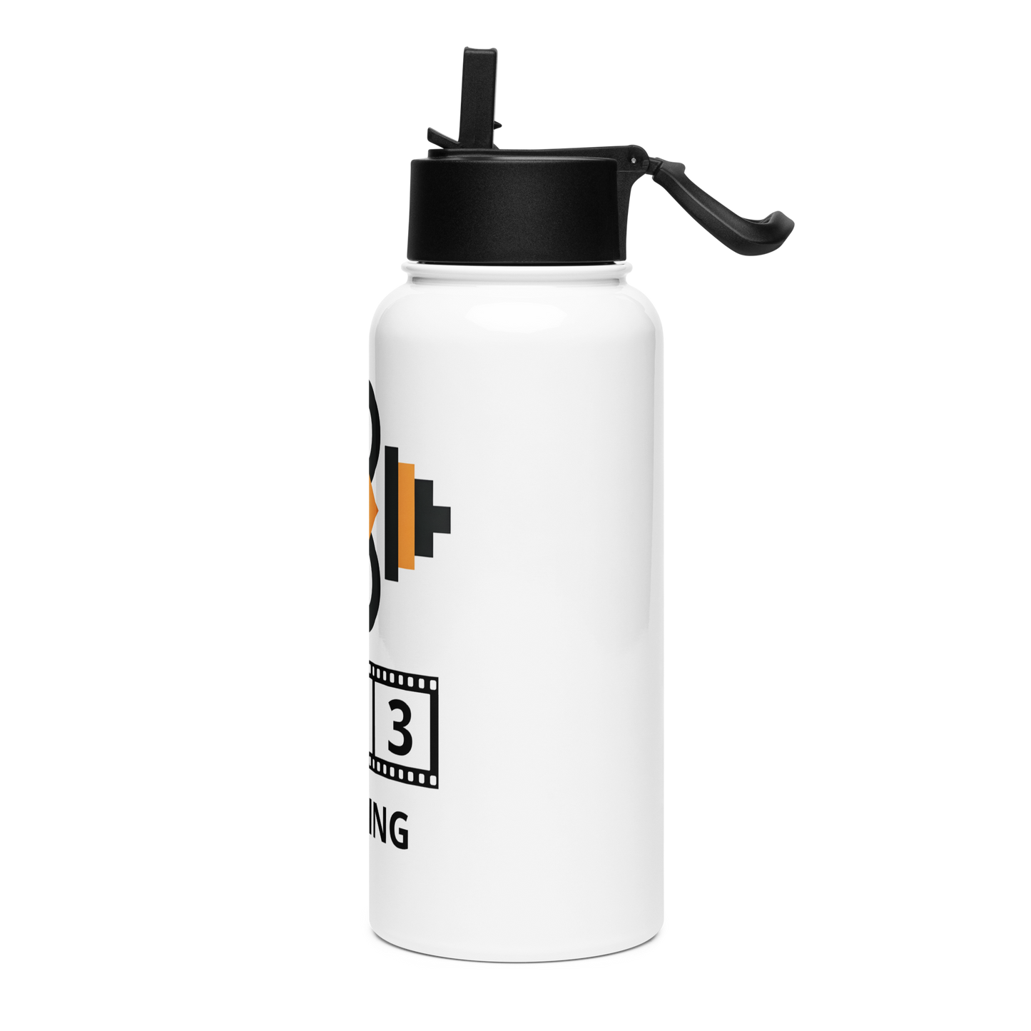 Stainless Steel Straw Bottle 2 with black lid, wide-mouth straw, rotating handle.