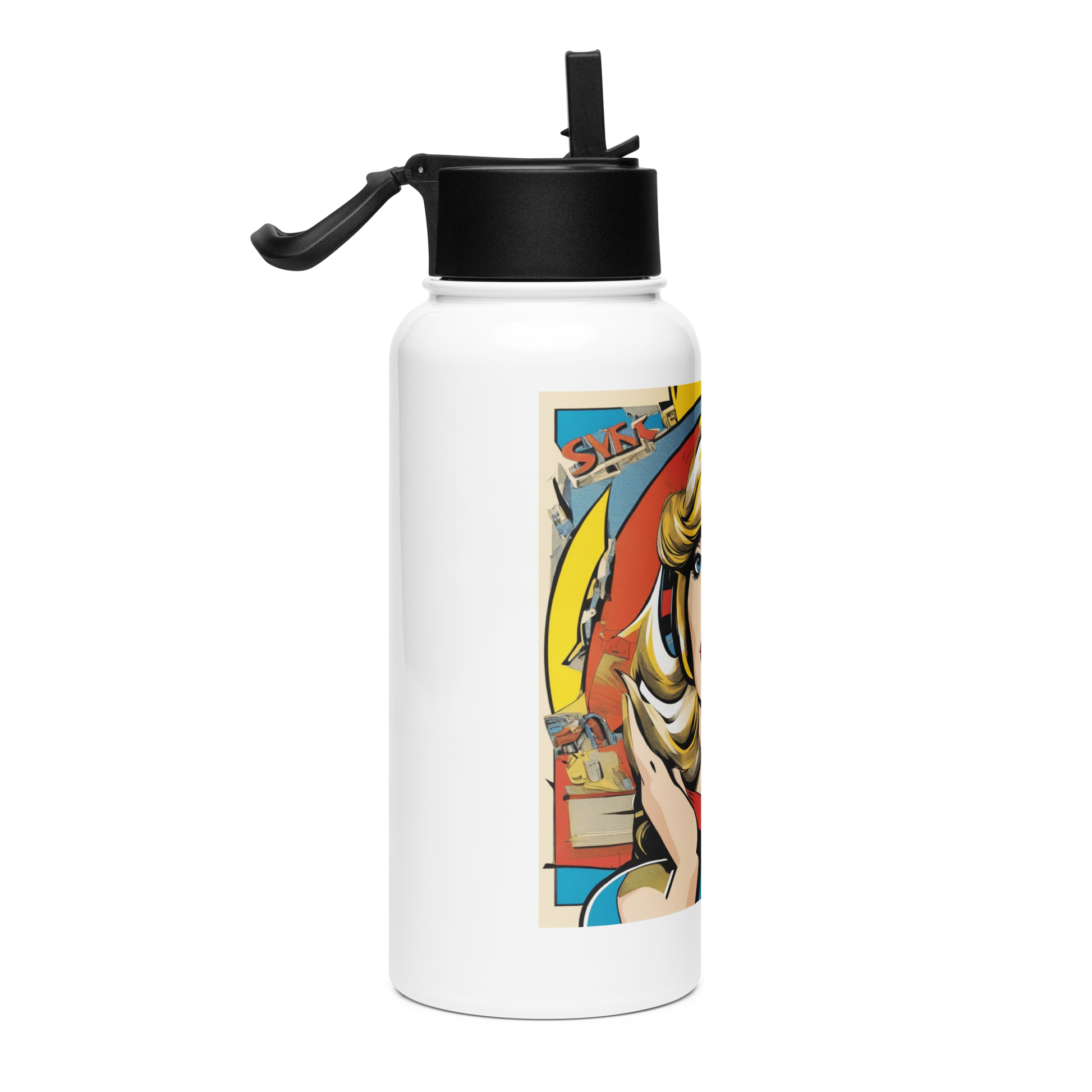 Stainless Steel Straw Bottle 1 with black lid and straw.
