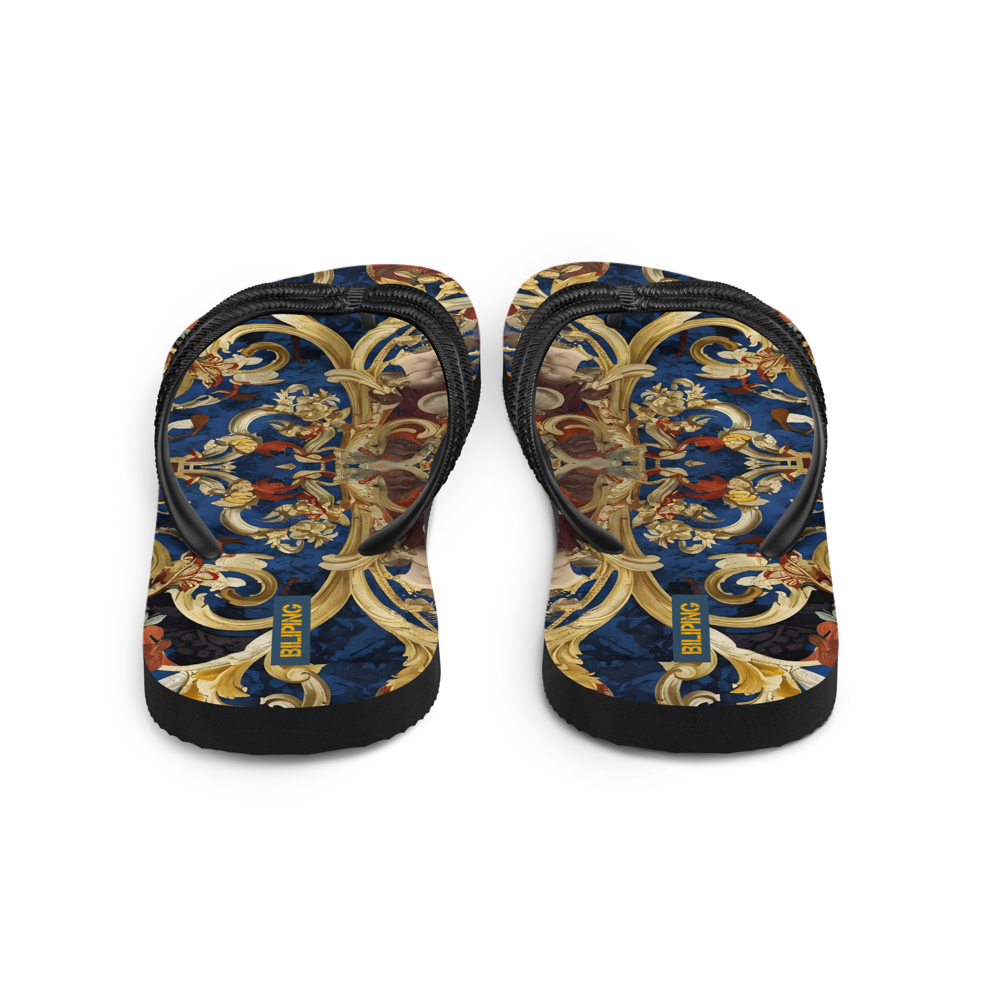 Golden Tapestry flip-flops, cushioned rubber sole, soft polyester lining, Y-shaped straps.