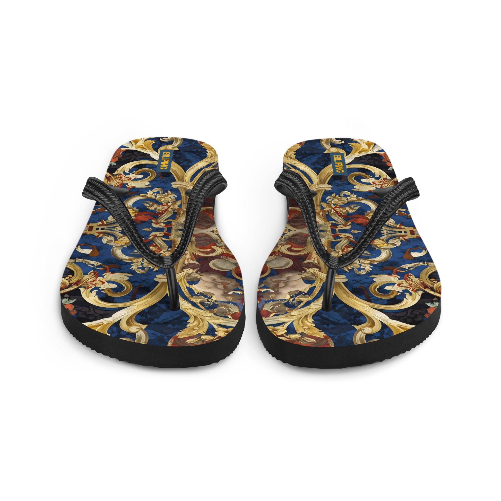 Golden Tapestry flip-flops with gold and blue designs, featuring cushioned rubber sole.