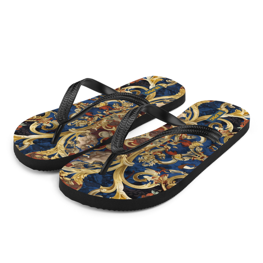 Golden Tapestry flip-flops with cushioned rubber sole, soft polyester lining.