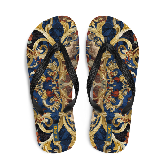 Golden Tapestry flip-flops with gold and blue design, cushioned for comfort.