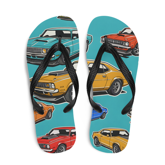 Flip-Flops 2 with car prints, cushioned rubber sole, soft fabric lining.