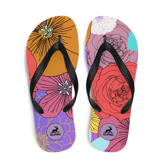 Bloom Stride flip-flops with floral design, cushioned sole, and toe-post style.